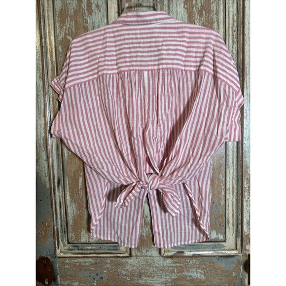 Madewell Women's Button Up Top Large Pink White Stripe Back Tie - Picture 6 of 11